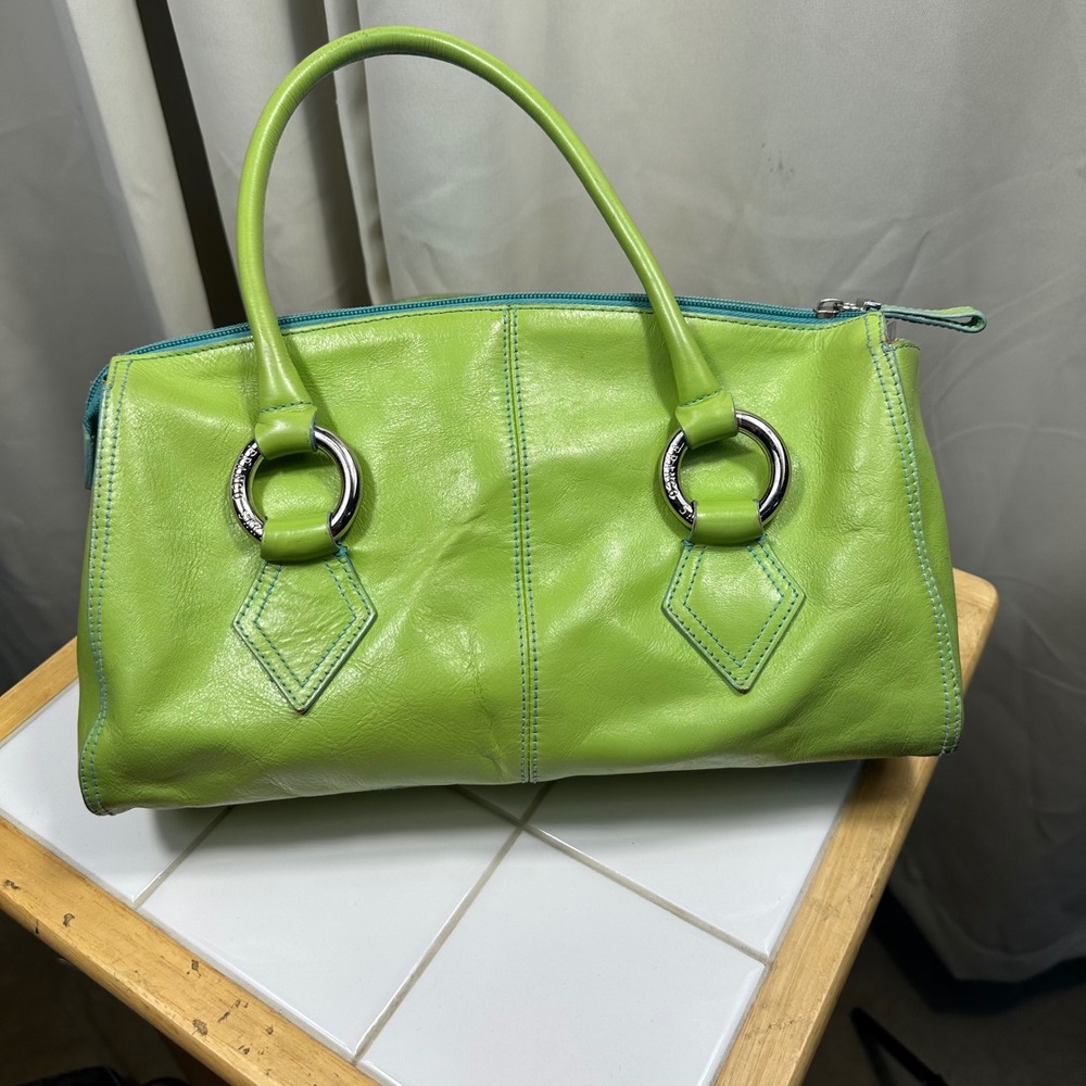 Franco Sarto Satchel Bag Womens Medium Lime Green Leather Blue Trim Excellent - Picture 5 of 8